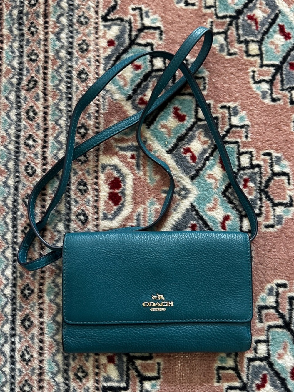 Coach Teal Pebbled Leather Crossbody Wallet